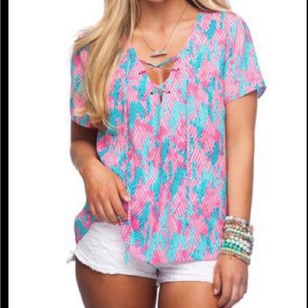 Buddy Love Tallulah Turquoise Pink Blouse Short Sleeve Lace Up